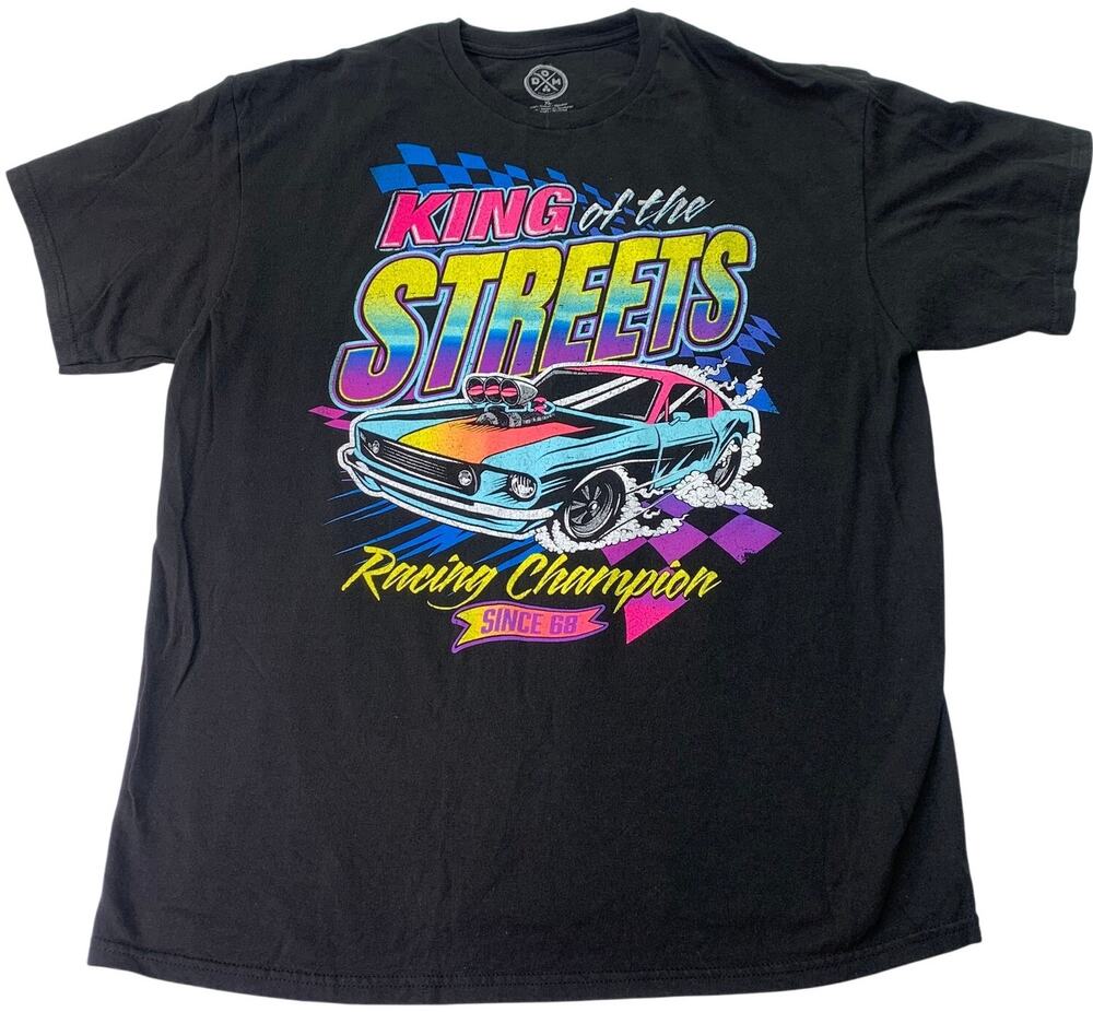 DOM Mens XL Ford Mustang King of the Streets Neon 90s Style Short Sleeve Shirt